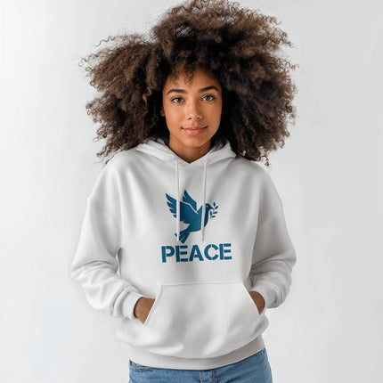 White Christian hoodie with blue peace text and dove with olive branch graphic – unisex faith hooded sweatshirt