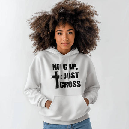 White Christian hoodie with no cap just cross text and cross graphic in black – unisex faith hooded sweatshirt