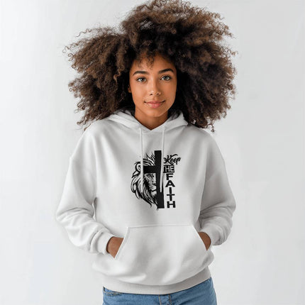 White Christian hoodie with keep the faith text, cross, and lion graphic in black – unisex faith hooded sweatshirt