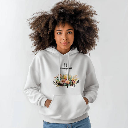 White Christian hoodie with child of god text, cross, and floral accents – unisex faith hooded sweatshirt