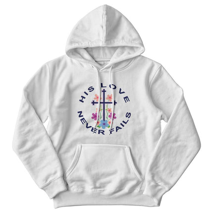 His Love Never Fails Floral Cross Hoodie | White | Christian Hoodie