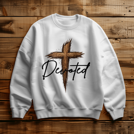 Christian Crewneck Sweatshirt | Devoted Wooden Cross Faith Sweatshirt (Unisex)