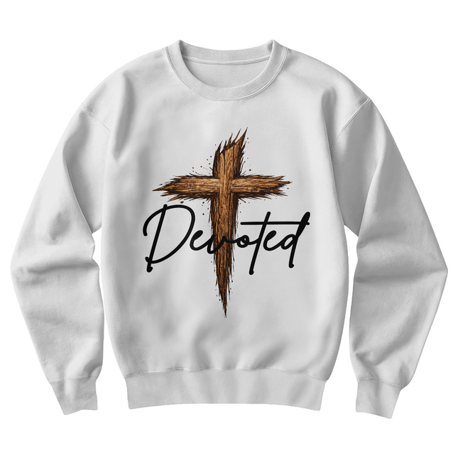 Christian Crewneck Sweatshirt | Devoted Wooden Cross Faith Sweatshirt (Unisex)