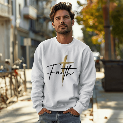 White unisex Christian crewneck sweatshirt with “Faith” lettering and gold cross design on the front