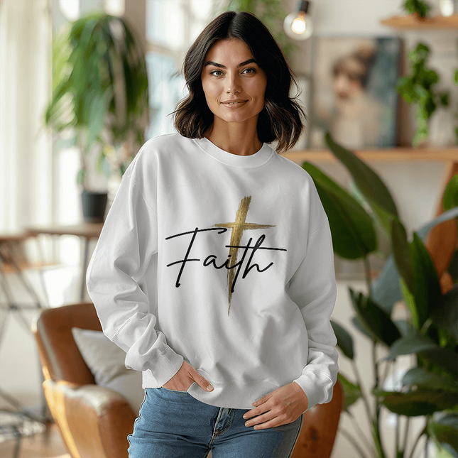 Faith Gold Cross | Christian White Sweatshirt | Gift for Her