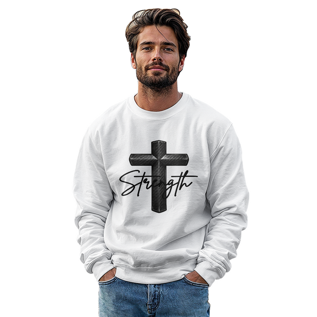 Man wearing a white crewneck sweatshirt with a large black cross graphic and the word Strength in script across the front.