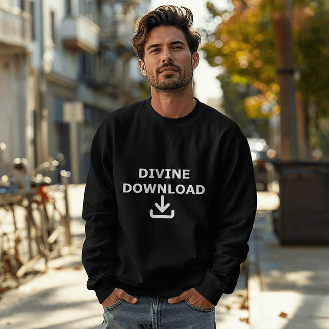 Black Christian crewneck sweatshirt with divine download text and download icon in white – unisex faith sweatshirt