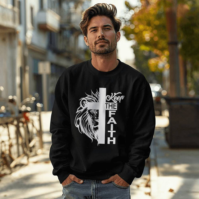 Black Christian crewneck sweatshirt with keep the faith text, cross, and lion graphic in white – unisex faith sweatshirt