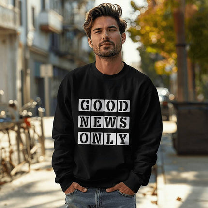 Black Christian crewneck sweatshirt with good news only text in bold block lettering – unisex faith sweatshirt