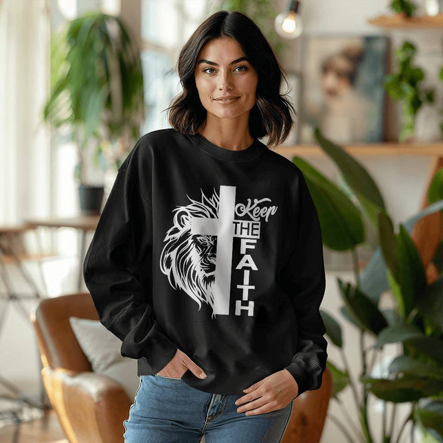 Keep the Faith Lion Cross Crewneck Sweatshirt | Black | Christian Sweatshirt