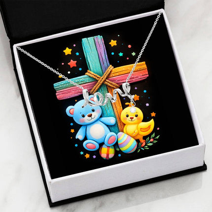 Rainbow Cross Teddy Bear | Christian Scripted Love Necklace | Gift for Kids