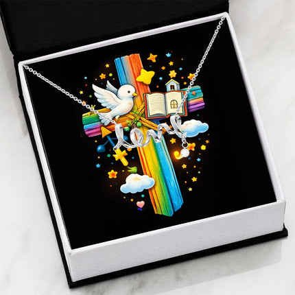 Rainbow Cross Open Bible | Christian Scripted Love Necklace | Gift for Kids