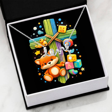 Rainbow Cross Little Fox | Christian Scripted Love Necklace | Gift for Kids