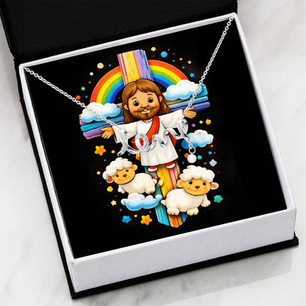 Rainbow Cross Jesus And Lamb | Christian Scripted Love Necklace | Gift for Kids