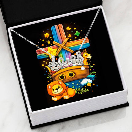 Rainbow Cross Noahs Ark | Christian Scripted Love Necklace | Gift for Kids