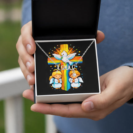 Rainbow Cross Angels And Dove | Christian Scripted Love Necklace | Gift for Kids