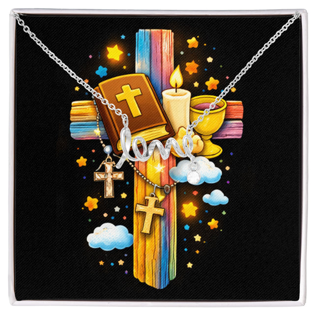 Rainbow Cross Bible And Cross | Christian Scripted Love Necklace | Gift for Kids