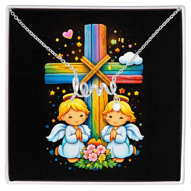 Rainbow Cross Angel Twins | Christian Scripted Love Necklace | Gift for Kids