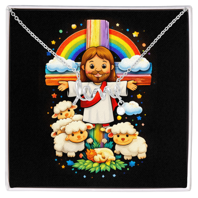 Rainbow Cross Jesus & Lambs | Christian Scripted Love Necklace | Gift for Kids
