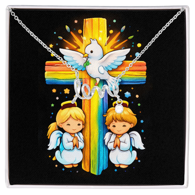 Rainbow Cross Angels And Dove | Christian Scripted Love Necklace | Gift for Kids