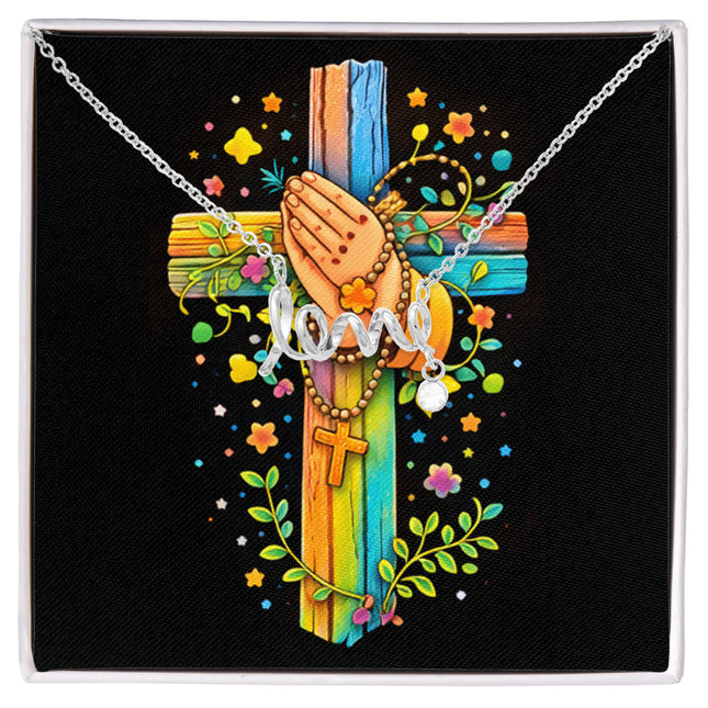 Rainbow Cross Praying Hands | Christian Scripted Love Necklace | Gift for Kids