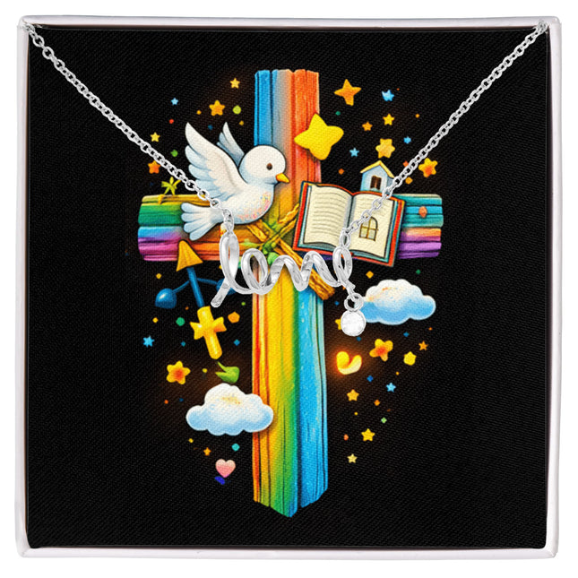 Rainbow Cross Open Bible | Christian Scripted Love Necklace | Gift for Kids