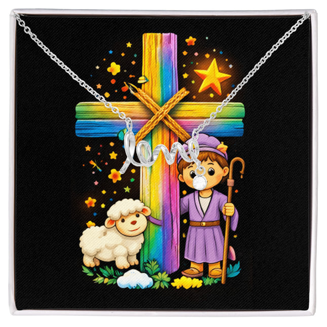 Rainbow Cross Little Shepherd | Christian Scripted Love Necklace | Gift for Kids
