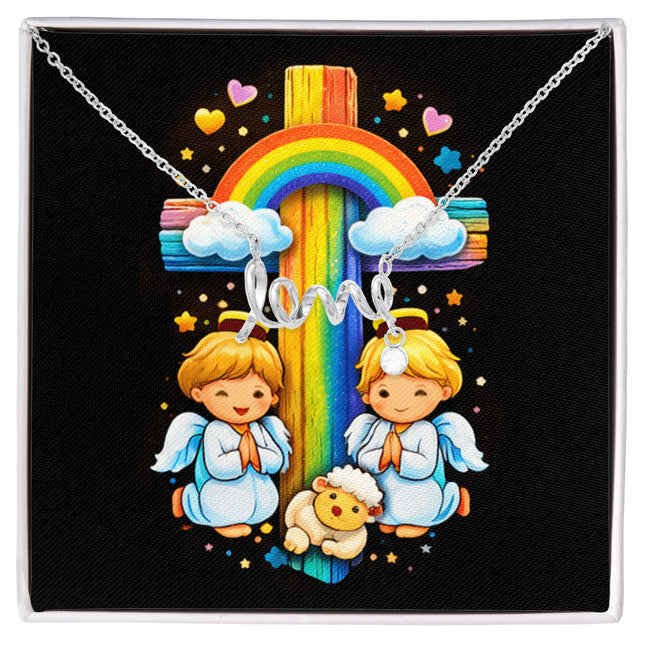Rainbow Cross Cherub Angels | Christian Scripted Love Necklace | Gift for Kids