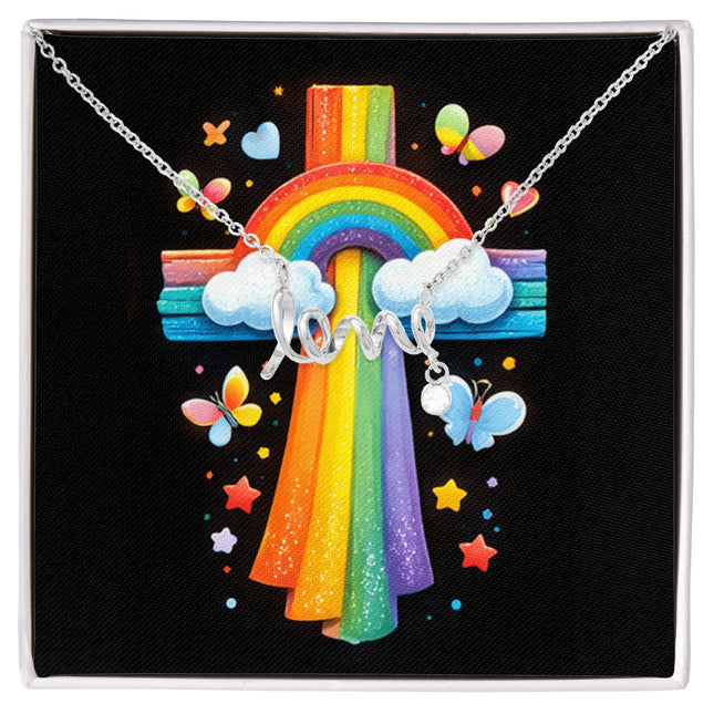 Rainbow Cross Butterfly | Christian Scripted Love Necklace | Gift for Kids
