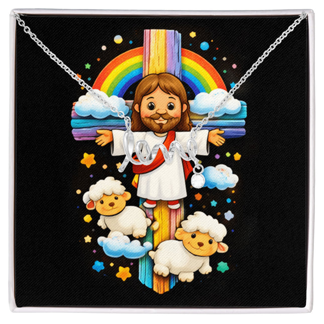 Rainbow Cross Jesus And Lamb | Christian Scripted Love Necklace | Gift for Kids