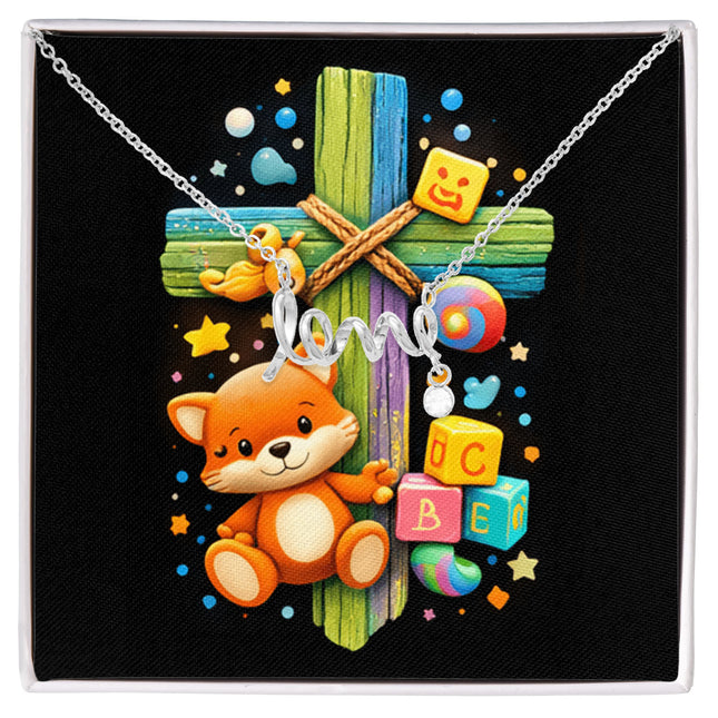 Rainbow Cross Little Fox | Christian Scripted Love Necklace | Gift for Kids