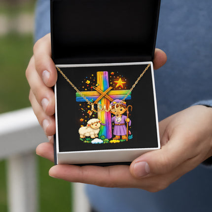 Rainbow Cross Little Shepherd | Christian Scripted Love Necklace | Gift for Kids