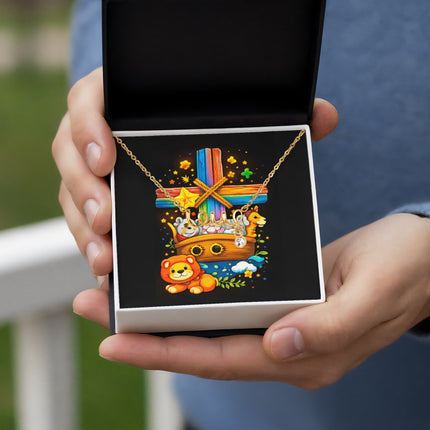 Rainbow Cross Noahs Ark | Christian Scripted Love Necklace | Gift for Kids