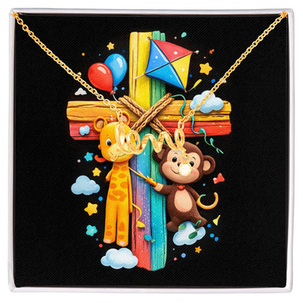 Rainbow Cross Jungle Animals | Christian Scripted Love Necklace | Gift for Kids