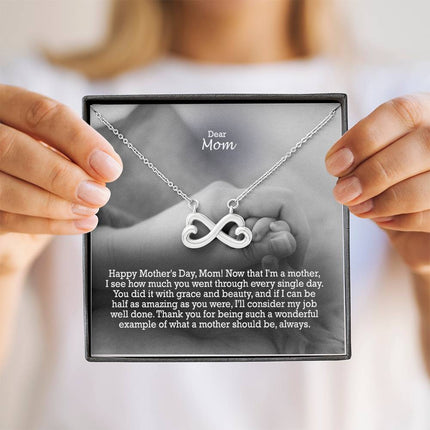 Christian endless love necklace with "Dear Mom You're a Wonderful Example of What a Mother Should " message — modern Mother's Day gift for mom, in luxury gift box