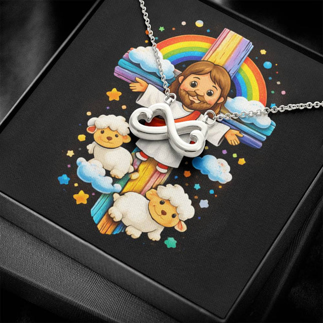 Rainbow Cross Jesus And Lamb | Christian Endless Love Necklace | Gift for Kids