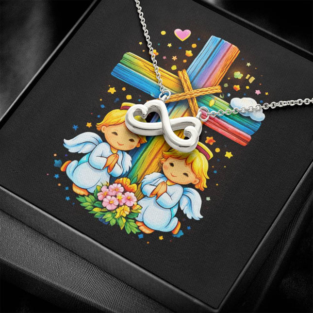 Rainbow Cross Angel Twins | Christian Endless Love Necklace | Gift for Kids