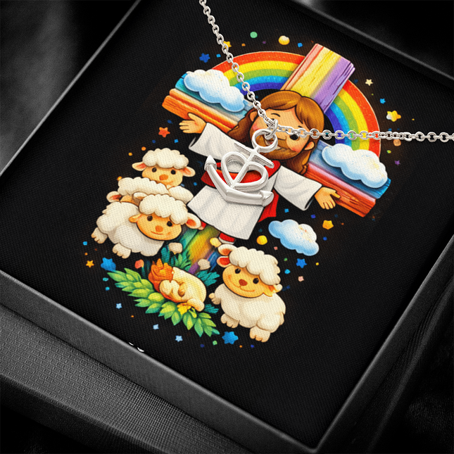 Rainbow Cross Jesus & Lambs | Christian Anchor Pendant Necklace | Gift for Kids