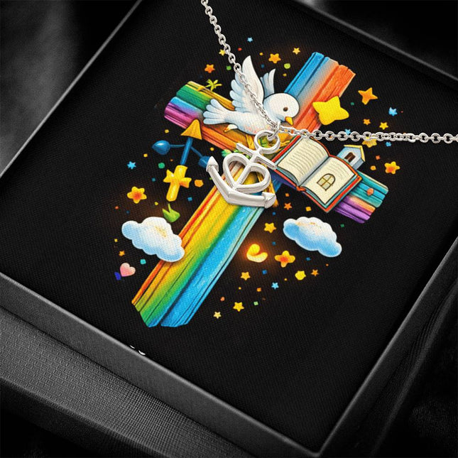 Rainbow Cross Open Bible | Christian Anchor Pendant Necklace | Gift for Kids