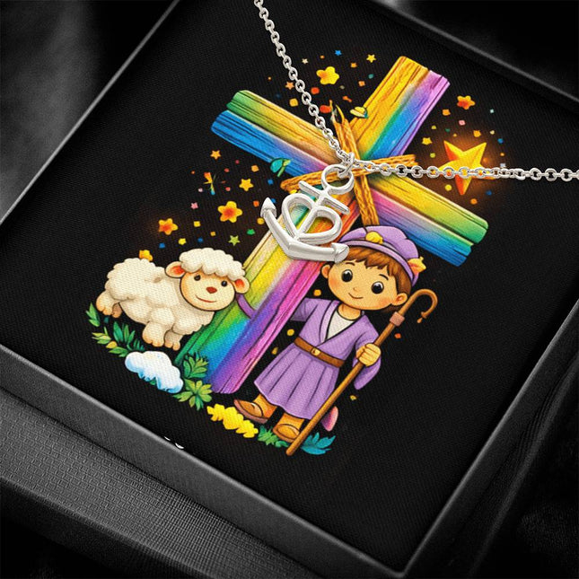 Rainbow Cross Little Shepherd | Christian Anchor Pendant Necklace | Gift for Kids