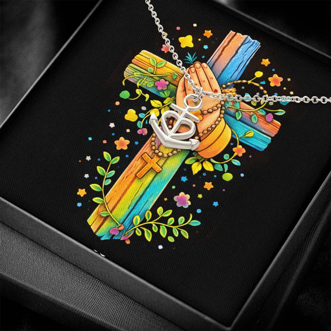 Rainbow Cross Praying Hands | Christian Anchor Pendant Necklace | Gift for Kids