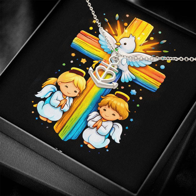 Rainbow Cross Angels And Dove | Christian Anchor Pendant Necklace | Gift for Kids