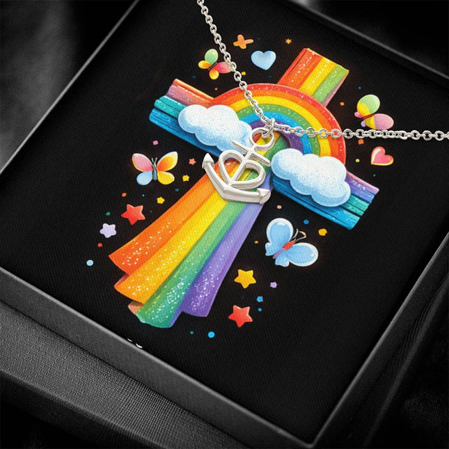 Rainbow Cross Butterfly | Christian Anchor Pendant Necklace | Gift for Kids