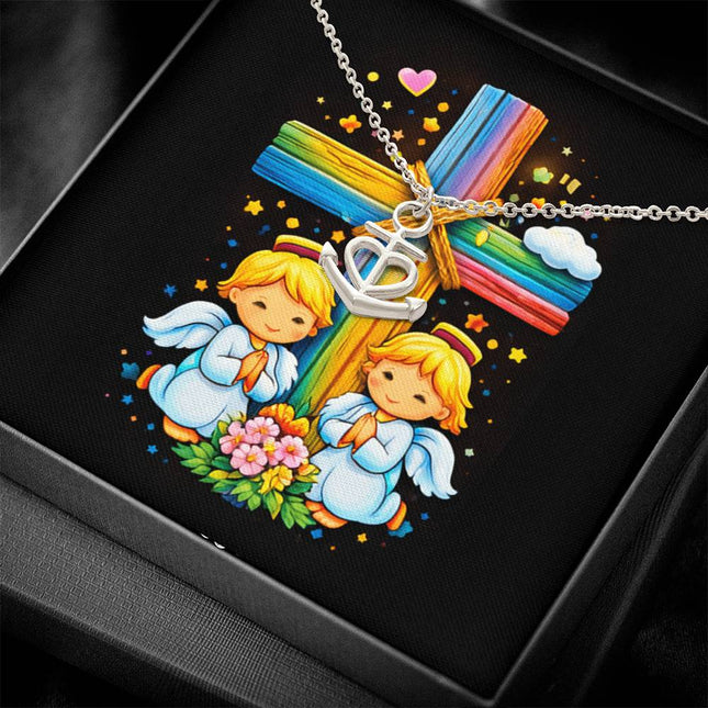 Rainbow Cross Angel Twins | Christian Anchor Pendant Necklace | Gift for Kids