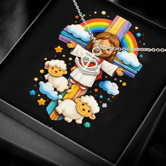 Rainbow Cross Jesus And Lamb | Christian Anchor Pendant Necklace | Gift for Kids