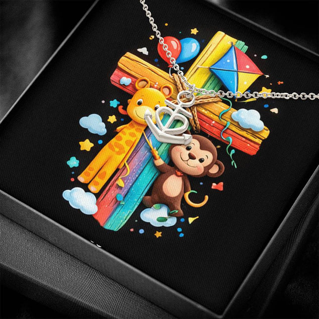 Rainbow Cross Jungle Animals | Christian Anchor Pendant Necklace | Gift for Kids