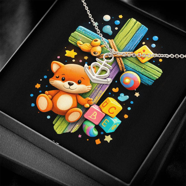 Rainbow Cross Little Fox | Christian Anchor Pendant Necklace | Gift for Kids