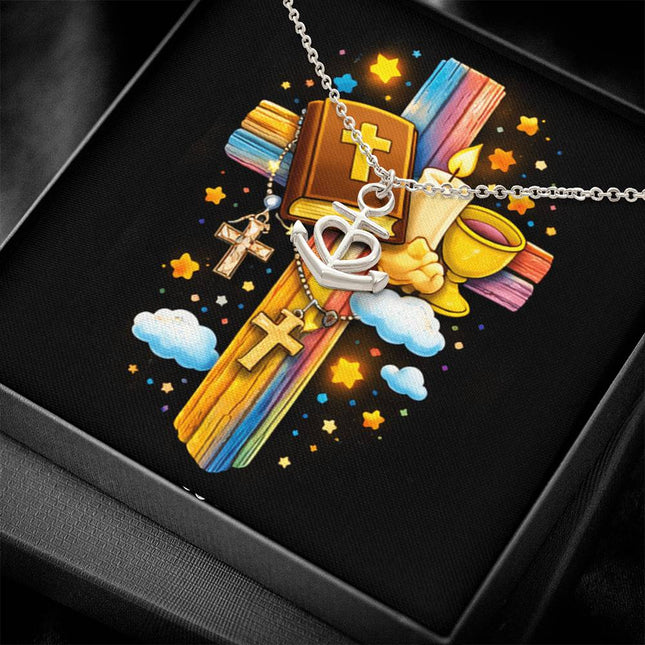 Rainbow Cross Bible And Cross | Christian Anchor Pendant Necklace | Gift for Kids