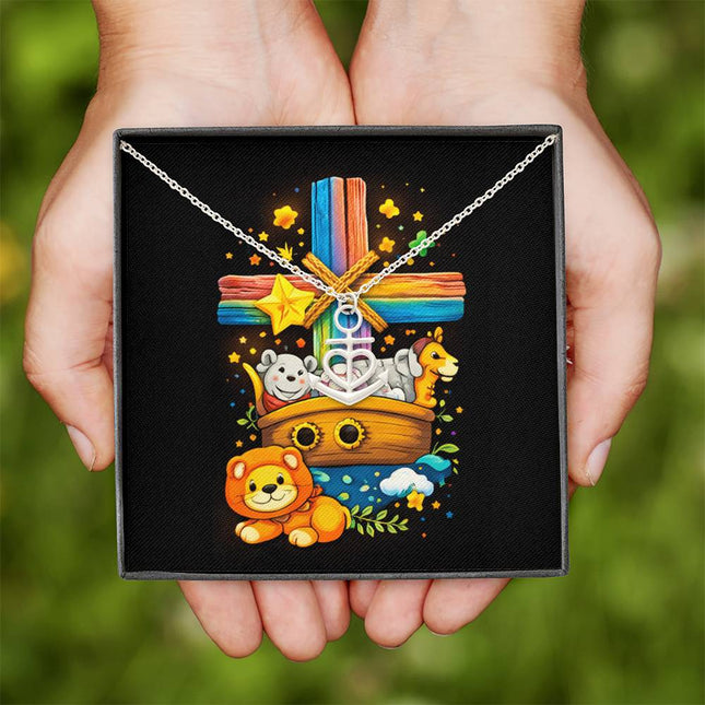 Rainbow Cross Noahs Ark | Christian Anchor Pendant Necklace | Gift for Kids