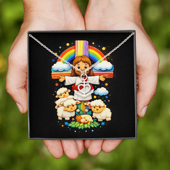 Rainbow Cross Jesus & Lambs | Christian Anchor Pendant Necklace | Gift for Kids